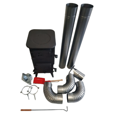 WOOD LOG BURNER STOVE + Flue System Pipes Set Elbow Wall Brackets Plate Poker
