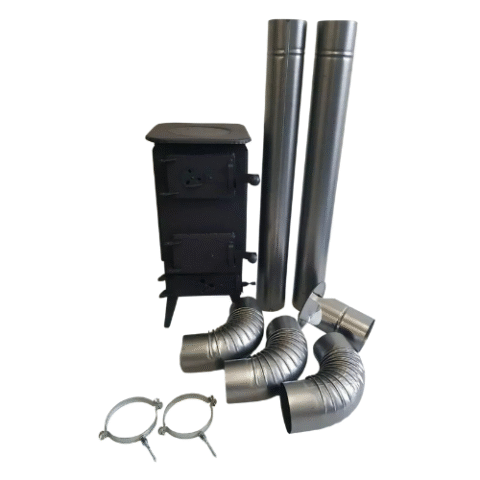 LOG WOOD BURNER STOVE + Flue System Pipes Set Elbow Wall Brackets Garage Shed