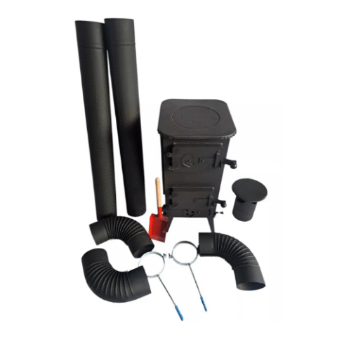 LOG WOOD BURNER STOVE + Flue System Pipes Set Elbow Wall Brackets Garage Shed