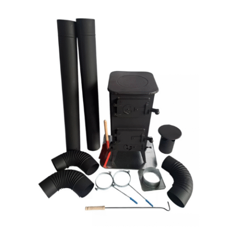 WOOD LOG BURNER STOVE + Flue System Black Pipes Set Elbow Brackets Plate Poker