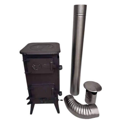 Wood Log Burner Stove + 1m Flue Pipe + Elbow + Rain Cover – Ideal for Workshop, Garage, Shed, Man Cave